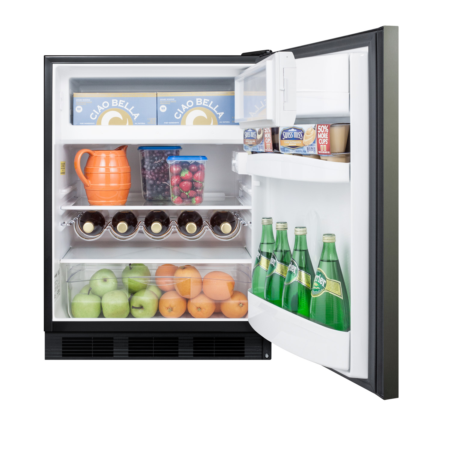 Built-in undercounter refrigerator-freezer for residential use, cycle defrost with black stainless steel wrapped door, horizontal handle, and black cabinet